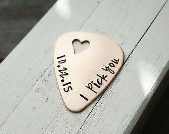 custom Hand stamped bronze guitar pick open heart 8 year anniversary gift