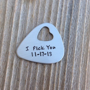 Guitar Pick hand stamped guitar pick  22 gauge stainless steel  gift for him or her I pick you open heart pick  jewelry