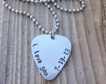 Guitar pick necklace hand stamped  stainless steel custom pick gift for him gift for her jewelry