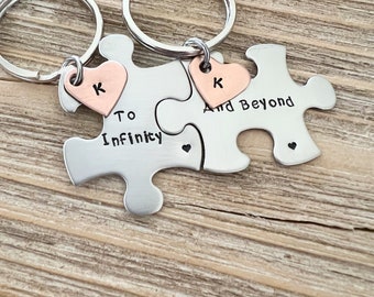 To Infinity and Beyond hand stamped puzzle pieces Keychains copper heart custom jewelry