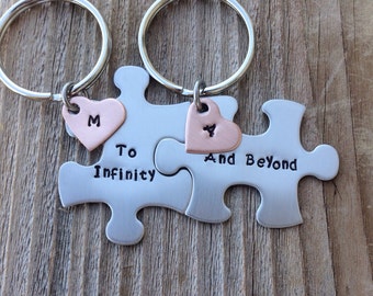 To Infinity and Beyond hand stamped puzzle pieces Keychains copper heart custom jewelry