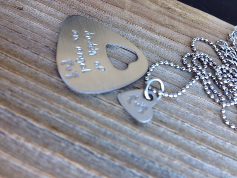 Guitar pick and necklace set hand stamped daddy and mommy of an angel image 2