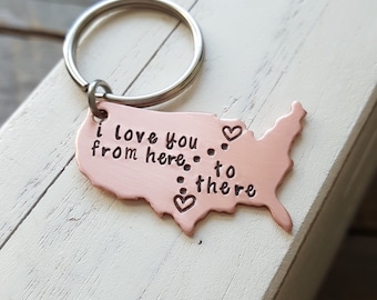 Porte-clés pour relation longue distance, grands États-Unis avec états personnalisés Porte-clés estampé à la main, cadeau de départ de l'université