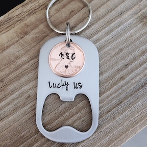Stainless steel Bottle opener hand stamped customized lucky penny  boyfriend gift 7 year anniversary gift copper St Patricks Day Gift