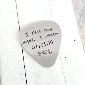 Personalized Hand stamped guitar pick custom 22 gauge stainless steel  gift for him or her 11 year anniversary gift wedding gift