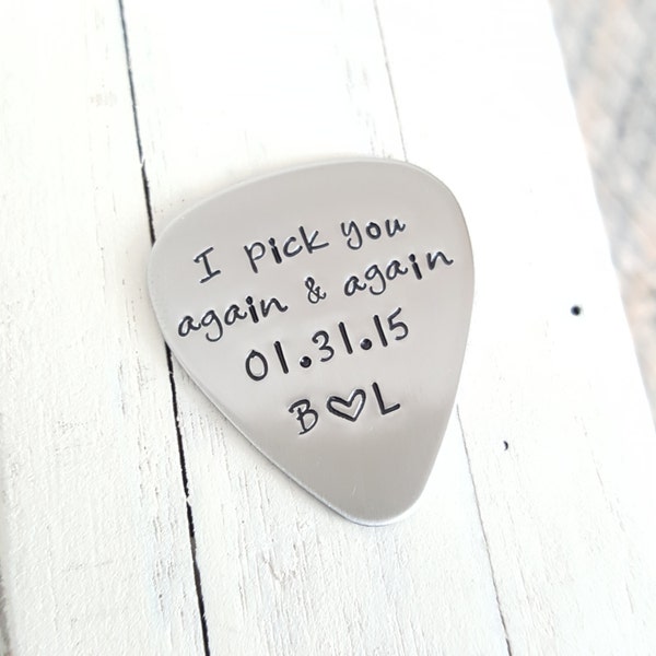 Personalized Hand stamped guitar pick custom 22 gauge stainless steel  gift for him or her 11 year anniversary gift wedding gift