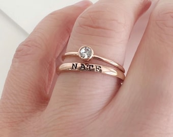 Stacking Name Ring, Personalized Tiny 2mm Name Ring,Handstamped jewelry, Stamped stacking ring,Rose Gold plated name ring