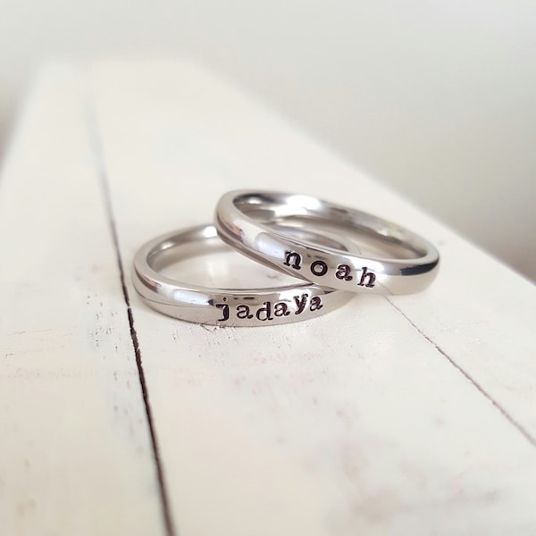 Stacking Ring Name Ring 3 mm Hand Stamped ring stackable stamped jelwery name ring Mothers ring hypoallergenic comfort fit stainless steel