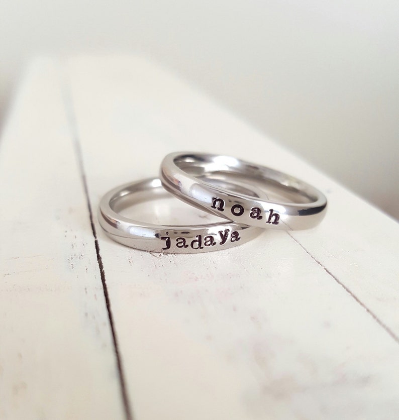 Stacking Ring Name Ring 3 mm Hand Stamped ring stackable stamped jelwery name ring Mothers ring hypoallergenic comfort fit stainless steel image 1