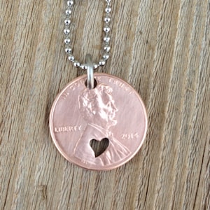 Lucky penny necklace open heart anniversary gift for her or him special year penny  jewelry
