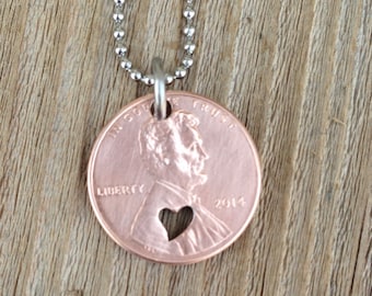 Lucky penny necklace open heart anniversary gift for her or him special year penny  jewelry