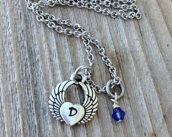 Hand stamped angel wing necklace stamped initial necklace necklace birthstone necklace jewelry memorial necklace