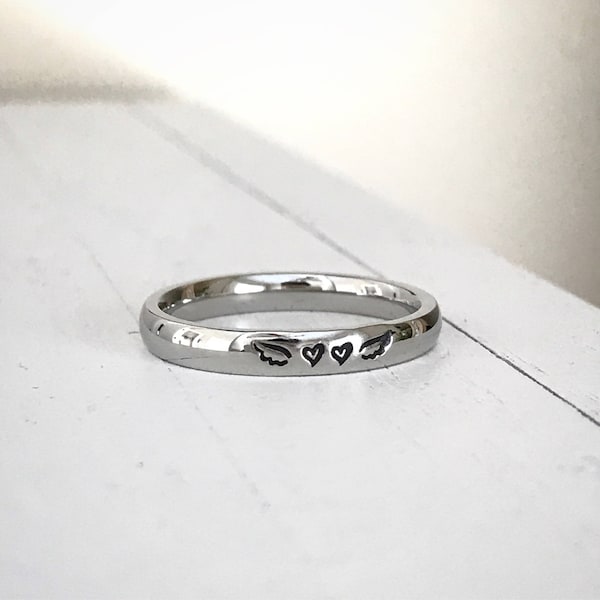 Miscarriage Angel wing ring Stainless Steel Stacking Ring Name Ring 3 mm Hand Stamped ring angel wing name ring mothers ring hypoallergenic