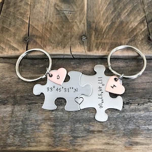Coordinate puzzle keychains Long Distance Relationship hand stamped jewlery key chains personalized his and hers best friends jewelry