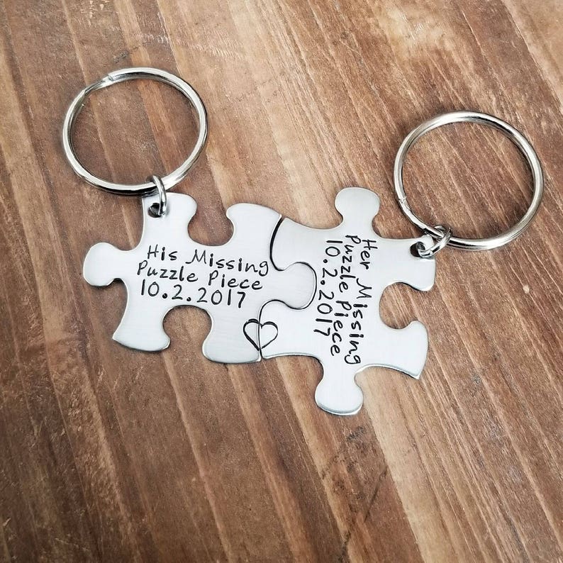 Personalized Puzzle Piece Keychain Set Hand Stamped Missing Etsy