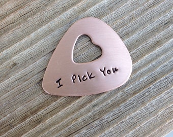 Guitar pick Copper hand stamped I pick you gift open heart pick jewelry