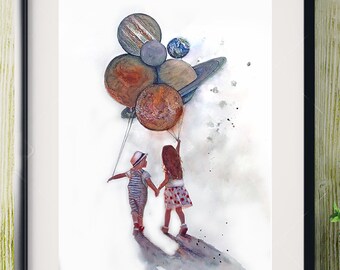 Illustration of two children with planet balloons, digital print of original illustration.