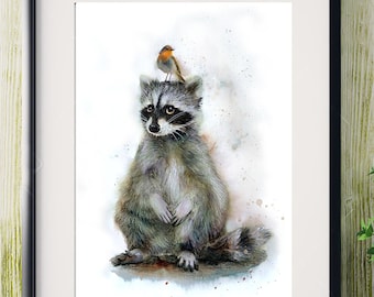 Könnte beinhalten: Ein Aquarellbild eines Waschbären, der sitzt und einen kleinen Vogel auf seinem Kopf hat. Der Waschbär ist grau und schwarz mit einem weißen Gesicht. Der Vogel ist rot und hat einen schwarzen Kopf. Das Bild ist vor einem weißen Hintergrund gemalt.
