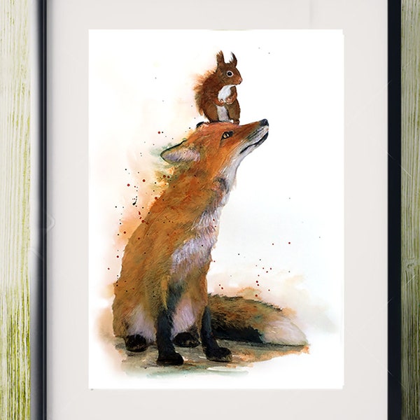 Illustration d'un renard avec un écureuil  sur la tête, impression sur papier dessin, dessin de peinture animalière.