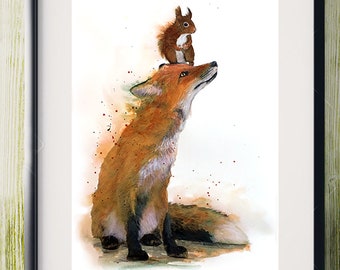 Illustration of a fox and a chipmunk, an impression on paper drawing, mixed techniques (paint, pastels, pencils ... ) Of animal paint.