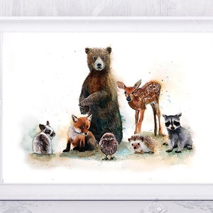 Illustration de bébés animaux, lapin, renard, ours, hibou, faon, hérisson, raton laveur, impression sur papier dessin.