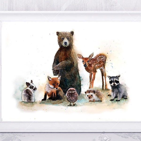 Illustration of baby animals , an impression on paper drawing, mixed techniques (paint, pastels, pencils ... ) Of animal paint.