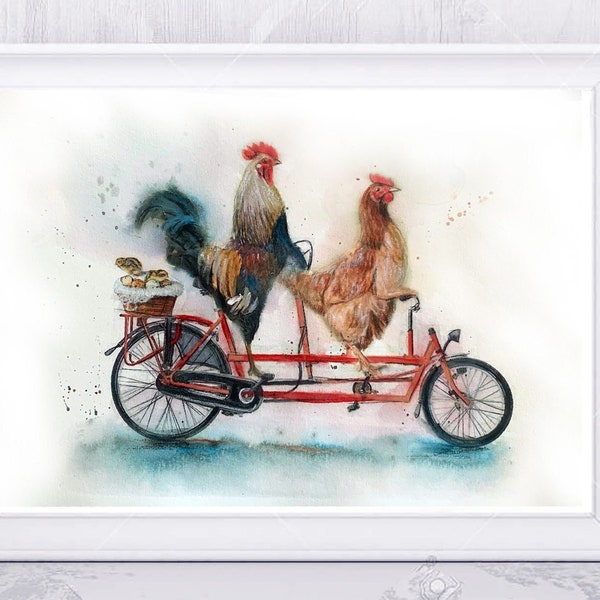 Illustration of a rooster and a hen on a tandem.