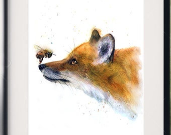 Illustratie van een vos met een bij, print op tekenpapier, gemengde dierenschildertechnieken.