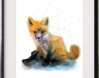 Illustration d'un bébé renard, impression sur papier dessin, techniques mixtes de peinture animalière.