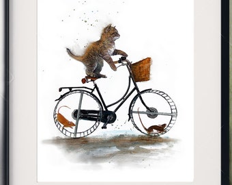 Illustration of a kitten on a bicycle with two mice, print on drawing paper, drawing of animal painting.