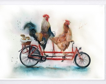 Illustration of a rooster and a hen on a tandem.