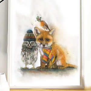 Illustration d'un renard, un hibou et un rouge-gorge.