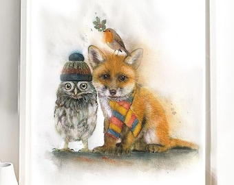 Illustration of a fox, an owl and a robin.