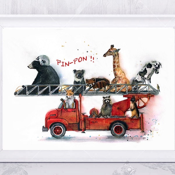 Illustration d’un camion de pompiers, animaux,  impression sur papier dessin.