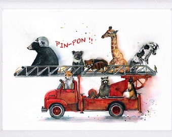 Illustration d’un camion de pompiers, animaux,  impression sur papier dessin.