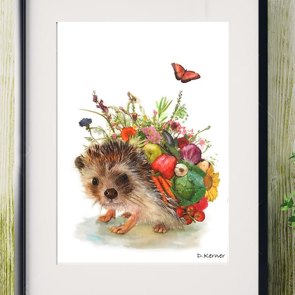 Illustration hérisson avec fruits, légumes et fleurs, impression d'illustration animalière.