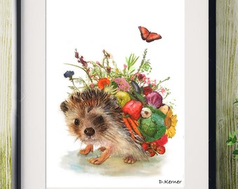 Illustration hérisson avec fruits, légumes et fleurs, impression d'illustration animalière.