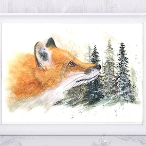 Illustration d'un renard avec conifères, impression sur papier dessin, techniques mixtes  de peinture animalière.