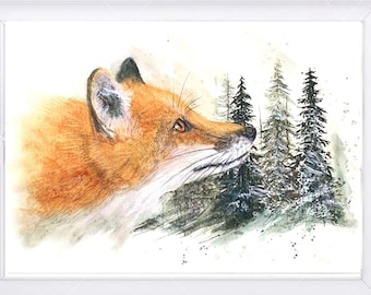 Illustration of a fox with conifers, print on drawing paper, mixed animal painting techniques.