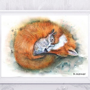 Illustration d'un renard dormant avec un lapin, impression sur papier dessin.