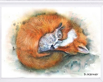 Illustration of a fox sleeping with a rabbit, printed on drawing paper.