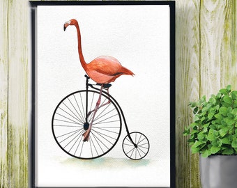 Illustration flamant rose sur ancien vélo, oiseau, impression sur papier vintage. Page originale d’un livre. Décoration murale.