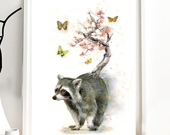 Illustration d'un raton laveurs branche de fleurs de sakura, impression sur papier dessin, techniques mixtes de peinture animalière.