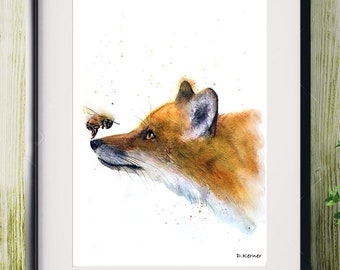 Illustration d'un renard avec une abeille, impression sur papier dessin, techniques mixtes  de peinture animalière.