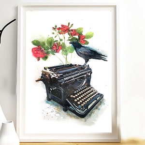 Illustration d'un corbeau sur une machine à écrire.