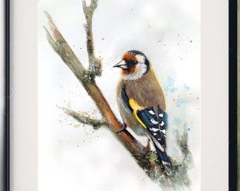 Illustration of a goldfinch on a branch, printed on drawing paper.
