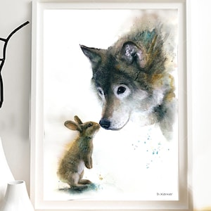 Illustration d'un Loup et d’un lapin, impression sur papier dessin.  Décoration murale ou carte.