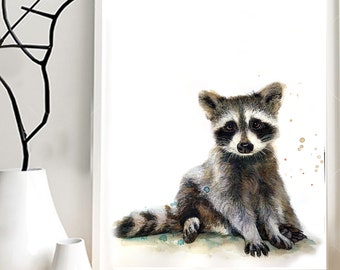 Illustration d'un bébé raton laveur, impression sur papier dessin, techniques mixtes de peinture animalière.