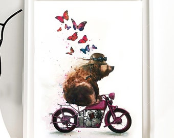 Illustration d'un ours sur un scooter rose, envol de papillons, impression sur papier dessin.  Décoration murale ou carte.