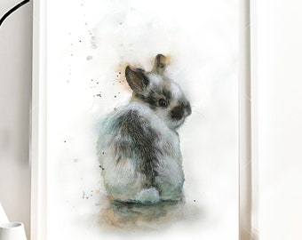 Illustrazione di un coniglietto grigio e bianco, stampa su carta da disegno, tecniche miste di pittura animale.